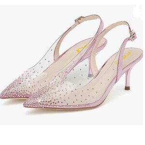 FSJ Violet Crystal Studded Clear Sparkle Rhinestones Low Heel Slingback Sandal